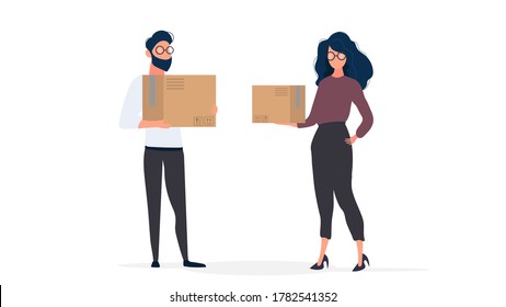 The guy and the girl are holding paper boxes. The concept of moving, changing housing, buying an apartment or moving an office. Isolated. Vector.