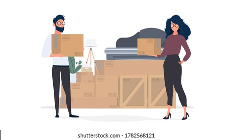 The guy and the girl are holding paper boxes in their hands. Large boxes, sofa. The concept of moving, changing housing, buying an apartment or moving an office. Isolated. Vector.