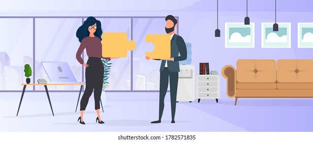 The guy and the girl are holding puzzle pieces. The woman and the man are putting together a puzzle. Office. The concept of teamwork, living together or understanding. Vector.