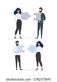 The guy and the girl are holding puzzle pieces. Teamwork concept. Isolated. Vector.