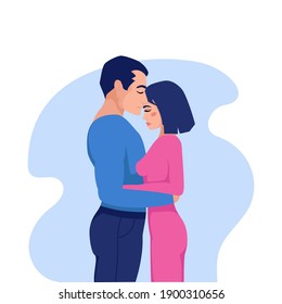 The guy and the girl hug each other. Man and woman together. Romantic relationship. A young couple is talking. Valentine's Day. Flat vector illustration. Love, kiss, hug