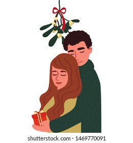 A guy and a girl hug under the branch of mistletoe. Cartoon characters isolated on white background. Vector illustration in the style of flat.