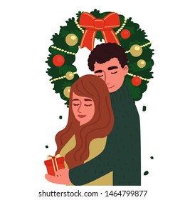 A guy and a girl hug under the Christmas wreath. Cartoon characters isolated on white background. Vector illustration in the style of flat.