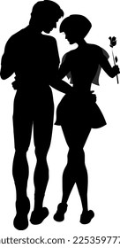 The guy and the girl are hugging. Back view. The girl is holding a rose in her hand. Silhouette. Cartoon.
