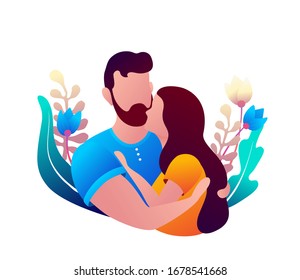 A guy and a girl are hugging with colorful flowers and leaves on a white isolated background. Vector illustration coming to valentine s day