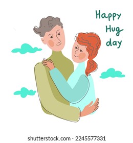 The guy and the girl are hugging. Colorful vector doodle illustration for valentine's day. 