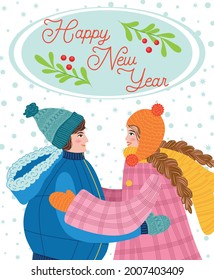 The guy and the girl are hugging, the couple congratulates each other on the holidays. Christmas and Happy New Year illustration. Trendy retro style, design template.