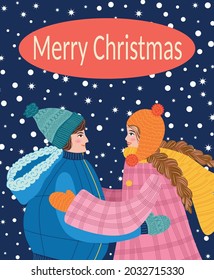 The guy and the girl are hugging, the couple congratulates each other on the holidays. Christmas and Happy New Year illustration. Trendy retro style, design template.
