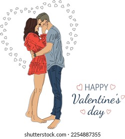 El chico y la chica están abrazando. Ilustración vectorial en un estilo plano.