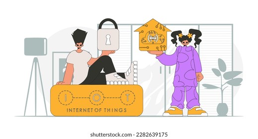 Guy and girl join forces in emerging IoT space, character style that's modern and vector.