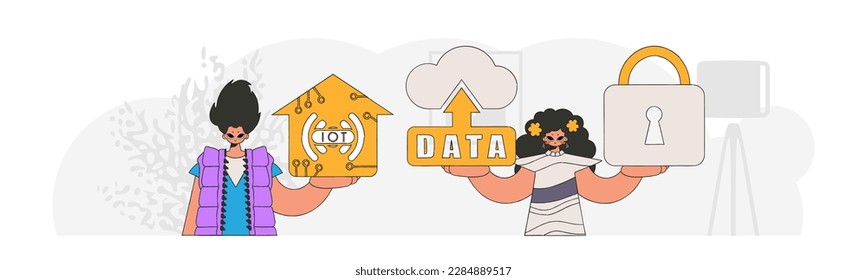 Guy and girl join forces in the IoT sector, presented with a modern vector character style.