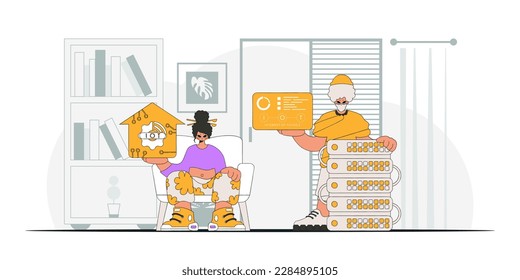 El hombre y la niña unen fuerzas en la industria de la IoT, al estilo vectorial contemporáneo.