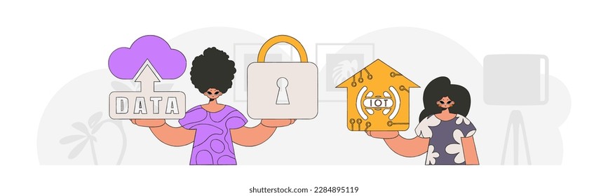 El hombre y la niña unen fuerzas en el sector de la IoT, utilizando gráficos vectoriales modernos.