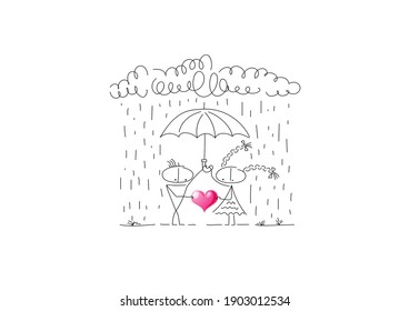 The guy and the girl keep their love from being tested. Heavy rain, umbrella, cloud, pink heart. Characters are created in a linear style with a black line. Combined with brightly colored elements
