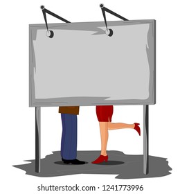 Guy and girl kissing, behind the banner