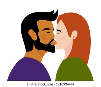 The guy and the girl are kissing. The concept of free love, relationships, love and romance. Vector illustration in flat style.