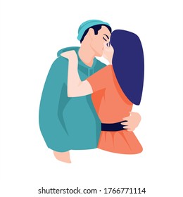 Guy and girl are kissing. World Kissing Day. Valentine's Day. Fall in love. Magical feelings, first love. The relationship between a man and a woman. Touching lips and hugs. Happiness. Isolated
