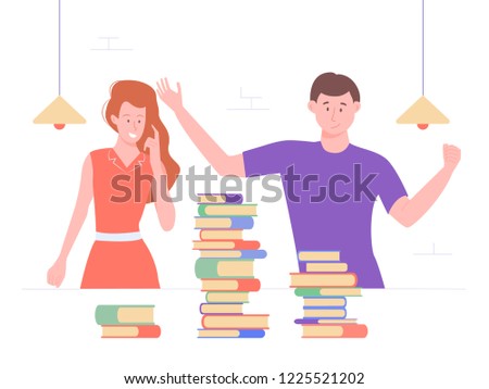 The guy and the girl in the library or classroom. On the table are piles of books, textbooks, encyclopedias. Exam preparation, intensive study. Vector illustration.