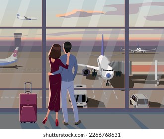 Un hombre y una chica miran por la ventana al aeropuerto en los aviones. Vector.