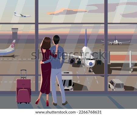 A guy and a girl look out the window at the airport at the planes. Vector.