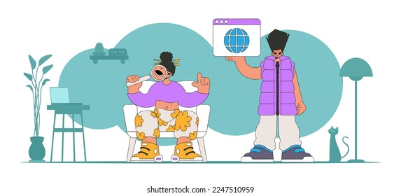 The guy and the girl are looking for information. Material for educational content.