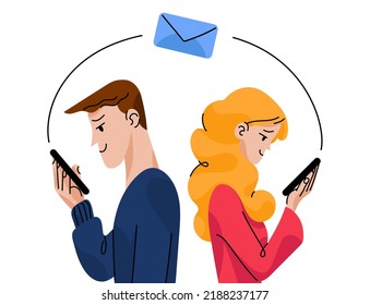 Guy and Girl looking at their phones back to back or from different places. Talking with eachother in happy mood. Communication concept. 