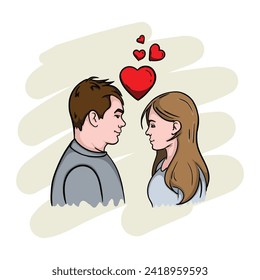 A guy and a girl in love with hearts are waiting for a kiss