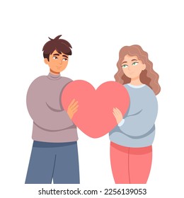 Guy and girl in love holding big pink heart. Saint Valentines day vector illustration