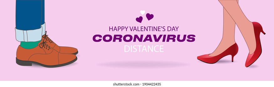 A guy and a girl in love keep their distance in connection with the coronavirus epidemic in the world. Legs in red shoes. Vector banner for valentine's day 2021. Online shop promotion poster