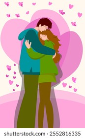 A guy and a girl in love stand hugging against the background of pink hearts.