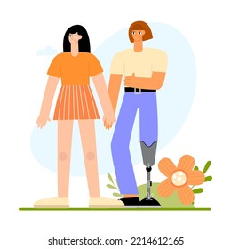 A guy and a girl in love, a young man has a prosthetic leg. People with disabilities. Vector illustration