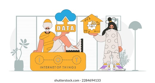 Guy and girl make up a duo in the IoT biz, vector art modern char. style.