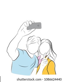 A guy with a girl is making a selfie. vector illustration.