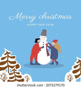 guy and girl are making snowman. New Year's card Merry Christmas. Vector illustration