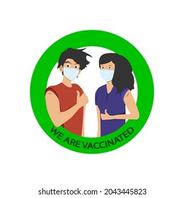 The guy and the girl in a mask show a finger uphill. We are vaccinated. Badge.