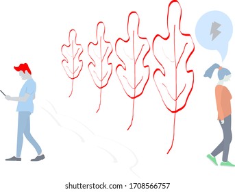 the guy and the girl are moving away from each other.trees in the distance.you can edit it.vector.