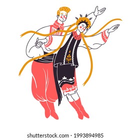 
A guy and a girl in national costumes are dancing. Ukrainian folk dances. Couple in national costumes. Vector illustration hand-drawn. Characters in flat style