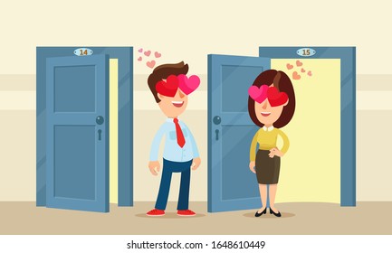 The guy and girl neighbors fell in love. Mutual love at first sight. Happy together, loved ones found each other. Romantic relationships in university. Vector illustration, flat design cartoon style.