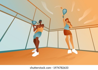 A guy with a girl on a beach court playing with rackets, a pair game with a net, soft tennis against the background of the sky and a clouds. The concept of a healthy outdoor lifestyle.