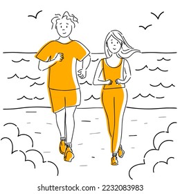 Guy and girl on a run. Vector illustration.