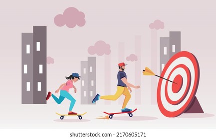 The guy and the girl on the skateboard fly exactly to the goal. Business goals concept. Targeting and targeted advertising. Illustration for website and graphic design.