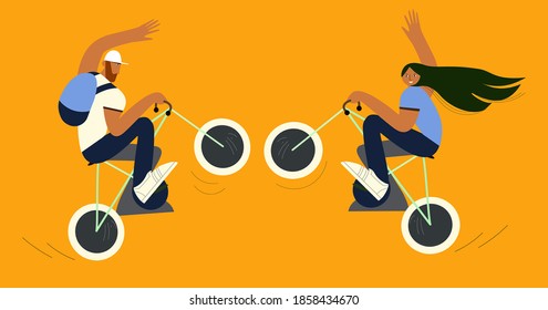 a guy and a girl on sports bikes doing stunts