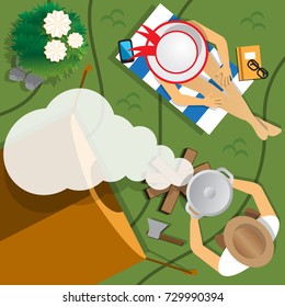 The guy with the girl on vacation. Camping. View from above. Vector illustration.