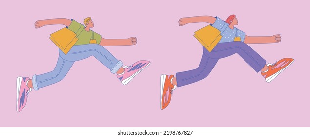 A guy and a girl with packages run for shopping. Wide stride. Running people in sneakers. Happy shopping. Vector flat illustration.