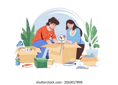 Guy and girl packing stuff in boxes vector illustration. Take dog pet with them to new living place flat style. Movement, relocation concept