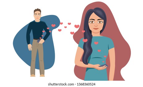 The guy and the girl with the phones in their hands, the lovers are in correspondence, virtual communication. Flat cartoon style vector illustration. Vector graphics. 