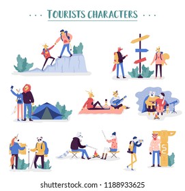 Guy and girl pitching tent, lying in hammock, watch the stars, backpacking. Set of young romantic couples during hiking adventure travel or camping trip. Flat colorful vector illustration