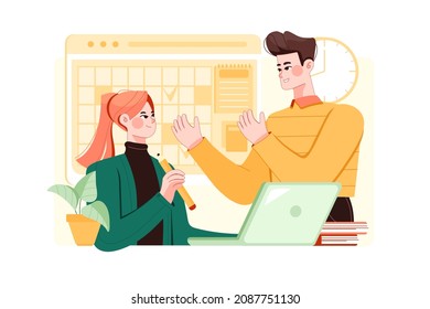 Guy and girl planning time schedule Illustration concept. Flat illustration isolated on white background.