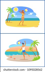 Guy and girl play with ball at coastline of tropical sea shore cartoon vector illustration, man near woman does sports on exotic golden sandy beach.