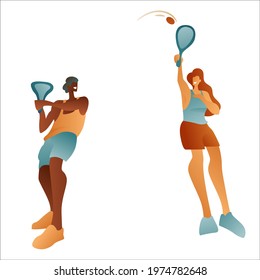A guy and a girl play with rackets on a white background, a pair game, soft tennis. The concept of a healthy lifestyle in the fresh air.